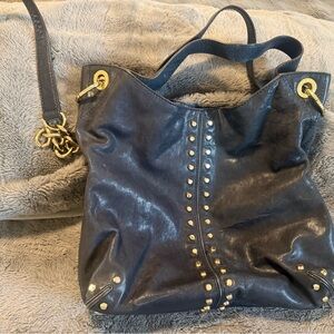 Michael Kors Navy Leather Studded Shoulder Bag with Gold Hardware